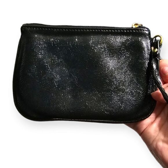 Coach Daisy Liquid Gloss Small Patent Leather Black & Gold Wristlet - Picture 2 of 11